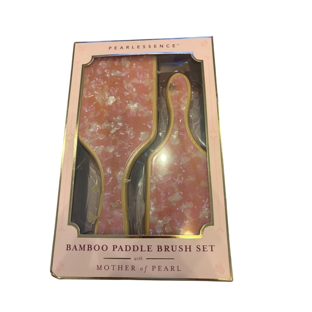 Pearlessence Bamboo Paddle Brush Set Mother of Pearl Pink Butterfly 2pc‎ NIB